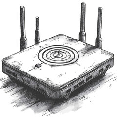 Wireless router. Hand drawn vector illustration. Black and white drawing. - obrazy, fototapety, plakaty
