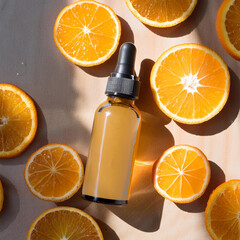 Skin Care Vitamin C Serum Bottle Mockup with Black Dropper Dispenser on Oranges Background