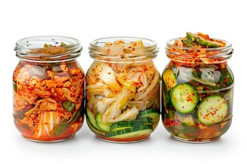 Various kimchi (kimchi cabbage, cucumber and radish) in jar, Korean food