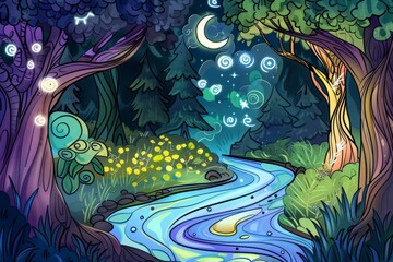 Cartoon cute doodles of a magical brook flowing through a mystical forest, its waters shimmering with reflections of the moon and stars, Generative AI