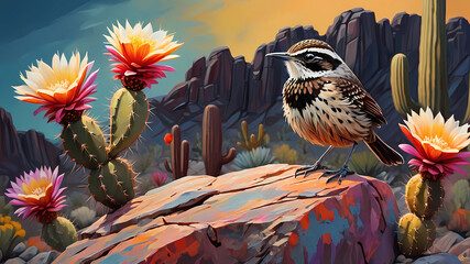 cactus wren bird on a rock colorful background arizona desert dark sky artwork painting cactus big flowers abstract cactus flower