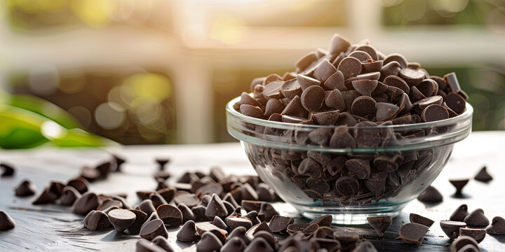 glass bowl filled with black chocolate chips, generative AI
