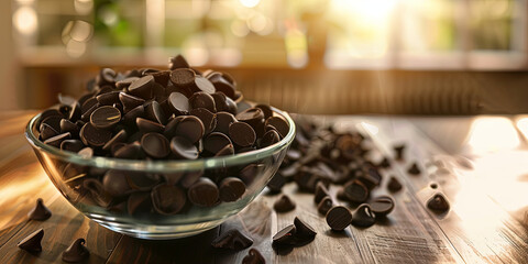 glass bowl filled with black chocolate chips, generative AI