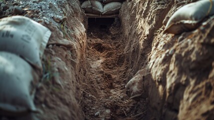 A trench filled with sandbags - obrazy, fototapety, plakaty