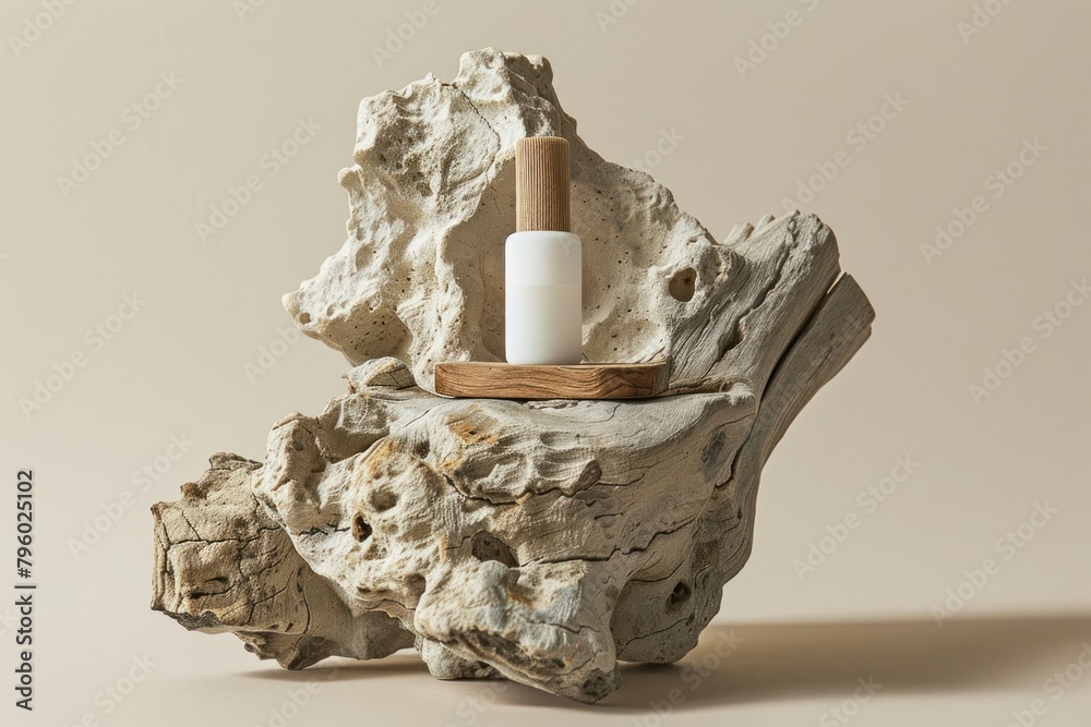 Sticker Serum skincare bottle mockup wood rock driftwood.