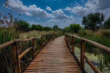 Naklejka premium Exploring Tablas de Daimiel National Park on a Wooden Boardwalk
