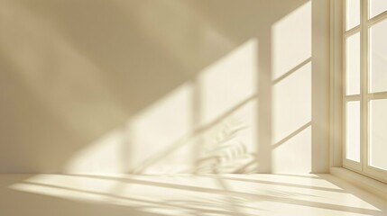 Fototapeta premium Empty Studio 3d exhibition background - pastel creamy pink beige stage with soft natural diagonal tree, plants shadows