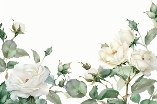 White rose border watercolor blossom pattern flower.