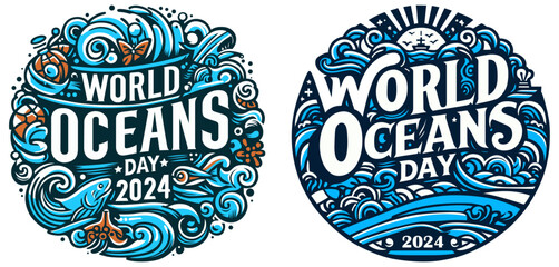World Oceans Day 2024 typography t-shirt design.
