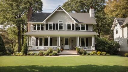 This image shows a large two-story house with a grey exterior and a green lawn in front. There is a porch with columns and a walkway leading up to the front door. There are trees and bushes on either 