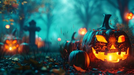Fototapeta premium Halloween background with pumpkins and Graveyard - 3D render. Halloween background with Evil Pumpkin. Spooky scary dark Night forrest. Holiday event halloween banner background concept