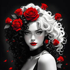 The woman stood out in stark contrast against the black and white backdrop, her red lips and the bright red roses atop her head popping against the monochromatic palette. She exuded a sense of mystery