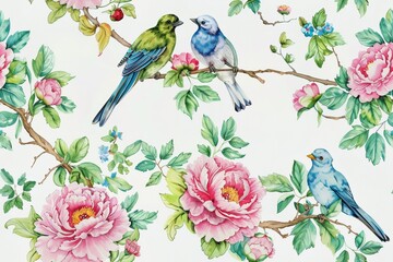 Seamless vintage watercolor with peonies and birds.