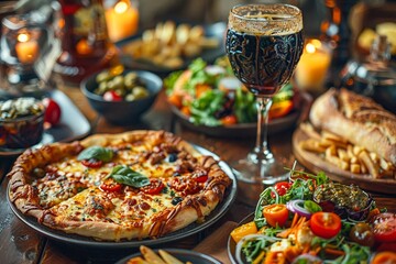 A delicious pizza sits on a table, surrounded by other food and drink.