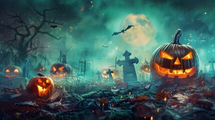 Fototapeta premium Halloween background with pumpkins and Graveyard - 3D render. Halloween background with Evil Pumpkin. Spooky scary dark Night forrest. Holiday event halloween banner background concept