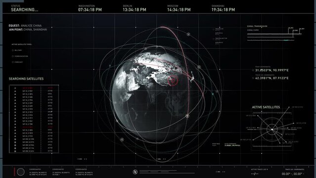 Enemy Base Location Track Via Military Computer Network. Selecting Active Satellite On Computer Network Software. Global Satellite Search Of China Location By High Tech Computer Networking System.