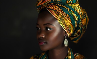 African woman in a head wrap, black background