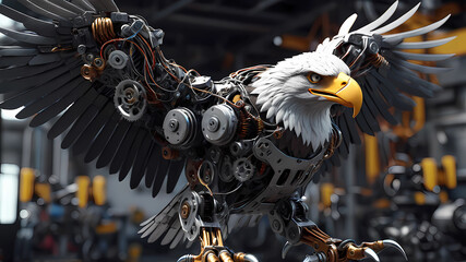 Robotic eagle, 8k unreal engine render, wires and gears, photorealistic