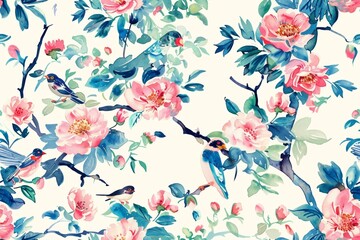 Seamless vintage watercolor with peonies and birds.