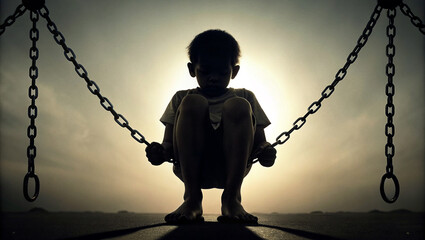 Illustration of silhouette innocent child sitting on the chain representing bullying and discrimination concept - obrazy, fototapety, plakaty