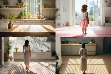back view of cute little girl standing on carpet and looking away at home