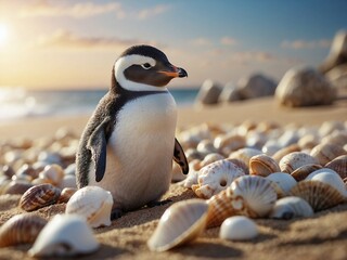 Cute little penguin on the beach playing with seashells.  - obrazy, fototapety, plakaty