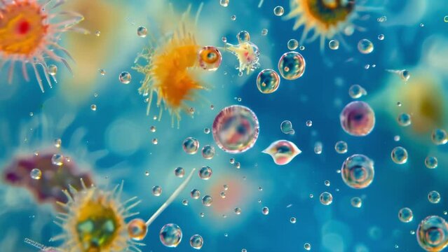 The vibrant ecosystem of a water droplet as seen through the lens of a microscope teeming with various types of freshwater euglenoids . AI generation.