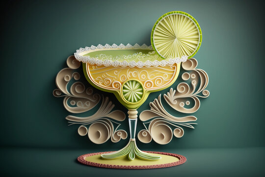 Quilled margarita glass with lime on teal background, yellow and green colors