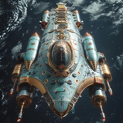 a rear view of a sleek, futuristic spaceship adorned with intricate clockwork gears from a classic steampunk novel, taken from an unexpected top-down birds eye perspective