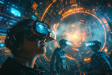 Craft a digital artwork showcasing a top-down perspective of a virtual reality hub, where individuals are depicted enjoying immersive digital experiences Integrate hidden symbols of financial graphs a