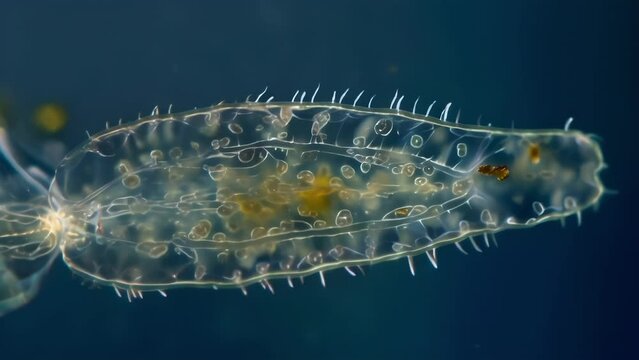 An extreme closeup of a Euglenoids flagellum highlighting its intricate structure and the tiny hairs that line its surface. The flagellum . AI generation.
