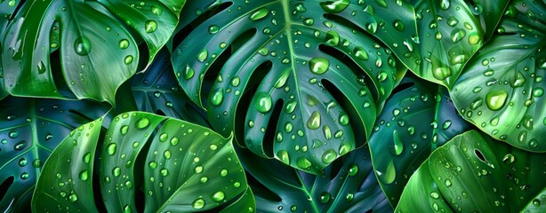 Fototapeta premium Monstera leaves with water drops on a dark background
