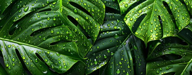 Fototapeta premium Monstera leaves with water drops on a dark background