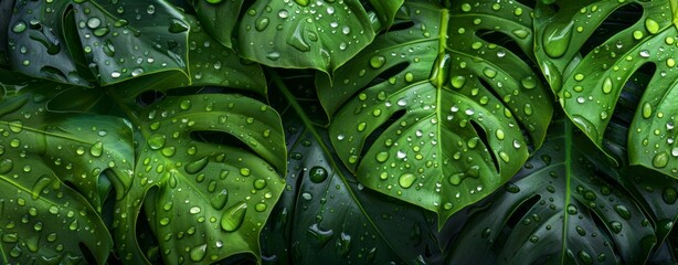 Fototapeta premium Monstera leaves with water drops on a dark background