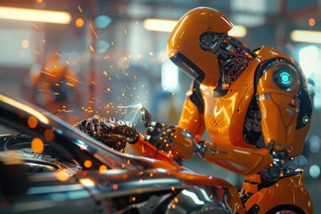 Robot human replacing jobs AI artificial intelligence humanoid, working at automobile factory, Welding the car body - 796032917