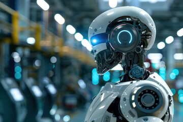 Robot human replacing jobs AI artificial intelligence humanoid, working at automobile factory - 796032999