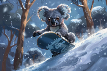 a koala surfing in the snow - obrazy, fototapety, plakaty
