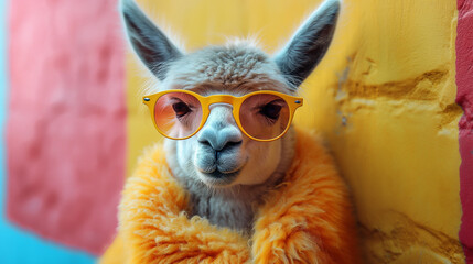 Creative animal concept. Llama in sunglass shade gla