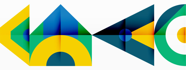 The electric blue, yellow, and green geometric pattern features triangles and rectangles with tints and shades, creating symmetry. The design includes a white circle in the center, resembling the sky