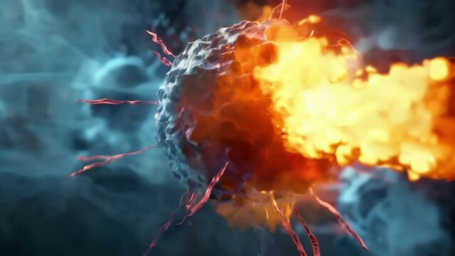 A photograph of a Tcell interacting with an cell injecting it with toxins to eliminate the virus. The Tcell appears to be bursting . AI generation.