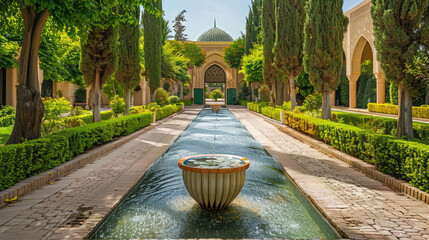 An image of an Islamic garden with flowing water and symmetrically planted trees, reflecting design principles of paradise