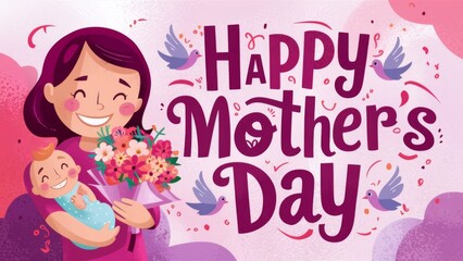 Happy Mother's Day Card with Floral Design and Text - Greeting, Celebration, Affection - Retail, E-commerce.