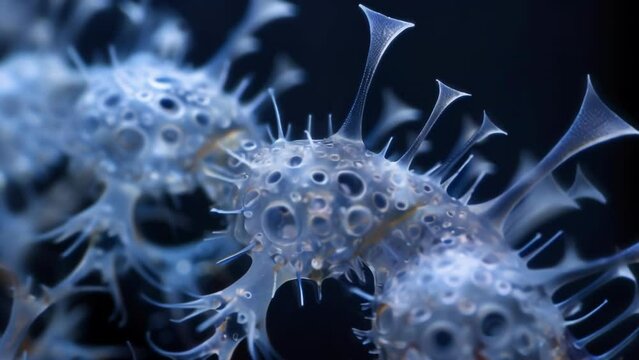 An aweinspiring sight of a radiolarian with its intricate and elaborate siliceous skeleton and delicate protruding structures reminiscent . AI generation.