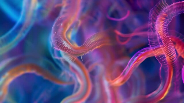 A group of nematodes captured in a timelapse microscopy video showcasing their fluid movements and the astonishing complexity of their . AI generation.