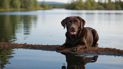 A serene chocolate Labrador lounging beside a tranquil lake2. Generated AI.