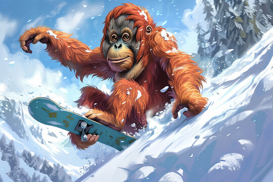 an orangutan surfing in the snow