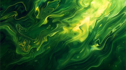 Fototapeta premium The abstract background of light yellow and dark emerald green, creating a captivating display of fluidity and intricate patterns reminiscent of flowing green liquid.