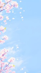 A beautiful digital painting of cherry blossoms against a blue sky. The cherry blossoms are various shades of pink and white, and the sky is a light blue with white clouds. The painting has a soft, dr