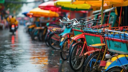  bustling bicycle rickshaw stand in a vibrant Asian city, with colorful rickshaws lined up and ready to transport passengers.  