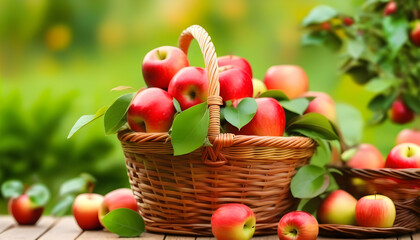 A basket of red apples on a wooden table with greenery in the background